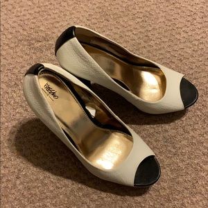 Black white and gold platform heels